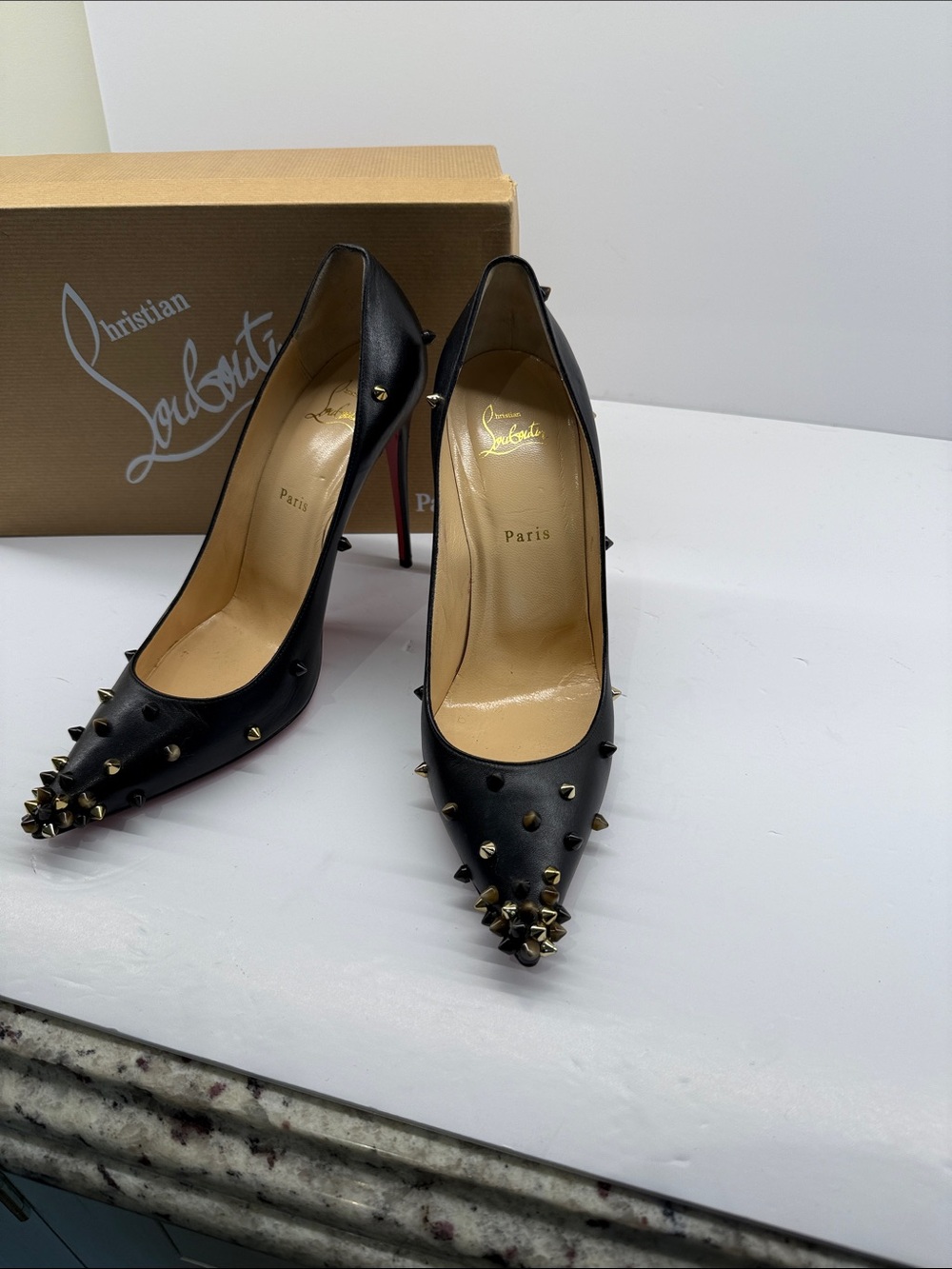 Christian Louboutin Black Leather Spike-Embellished Pointed Pumps